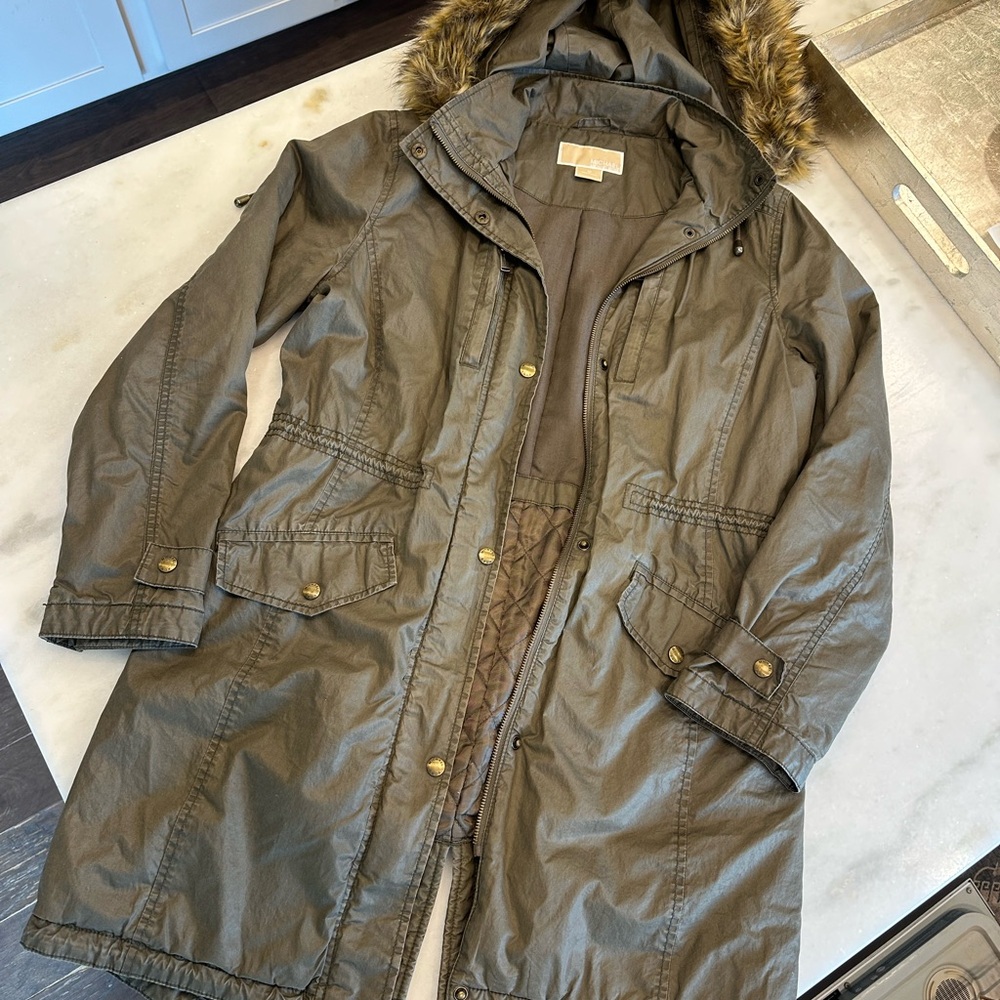 Michael Kors Women's Olive Parka Coat with Detachable Faux Fur Hood